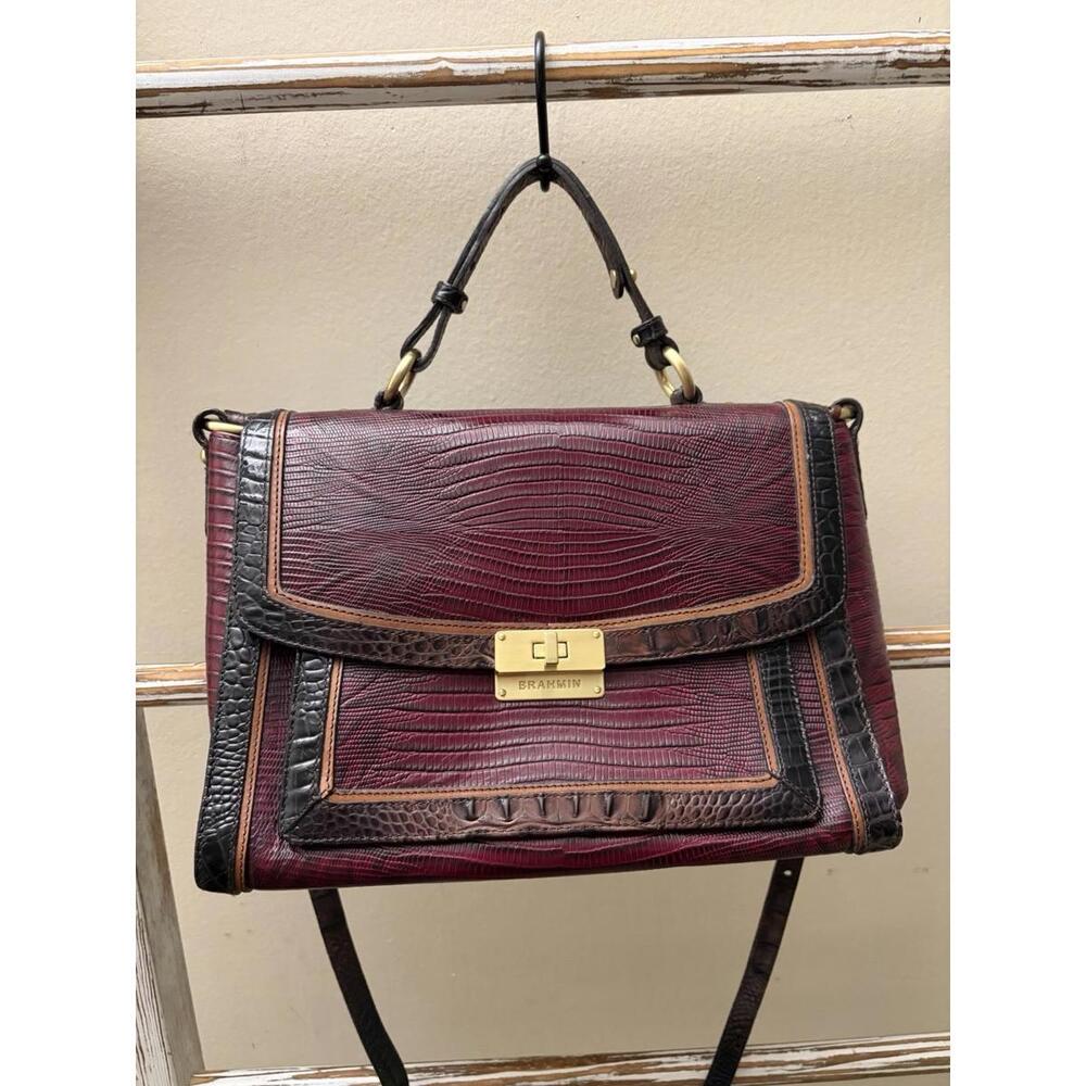 Brahmin Red Leather Croc Print Buckle Flap Shoulder Handbag